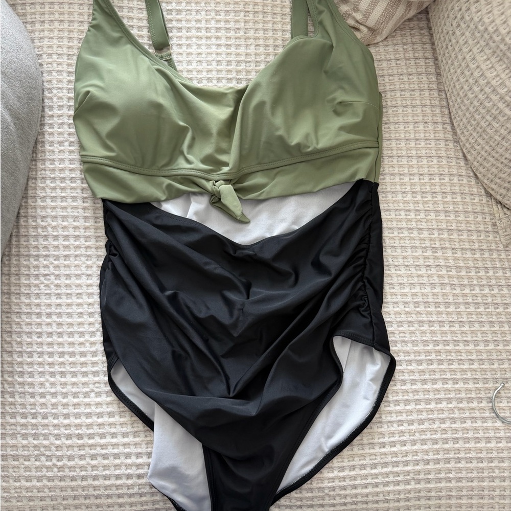 Olive Green and Black Knot-Front One-Piece Swimsuit
